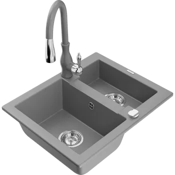 Granitový dřez Mexen Carlos žulový dřez 1,5-komorový s kuchyňskou baterií Savita, šedý - 6518-71-672601-71 Granitové dřezy s baterií