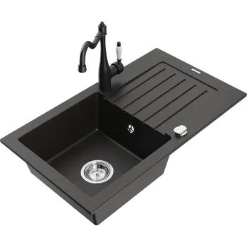 Granitový dřez Mexen Pablo žulový dřez s 1 komorou a odkapávačem a kuchyňská baterie Carla, černý/zlatý metalík - 6510-75-670700-70 Granitové dřezy s baterií