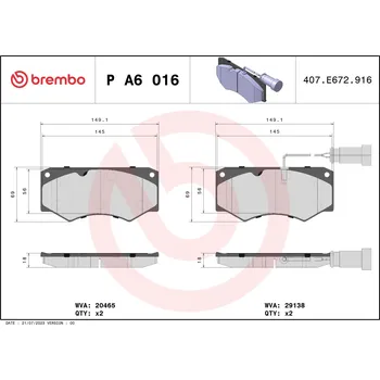 Brzdová destička Sada brzdových destiček, kotoučová brzda BREMBO P A6 016