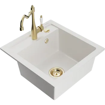 Granitový dřez Mexen Vito granitový dřez 1-komorový s kuchyňskou baterií Carla, bílý - 6503-20-670700-50 Granitové dřezy s baterií