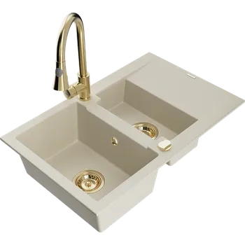 Granitový dřez Mexen Gaspar granitový dřez 1,5-komorový s odkapávačem a kuchyňskou baterií Elia, béžový - 6507-69-670101-50 Granitové dřezy s baterií