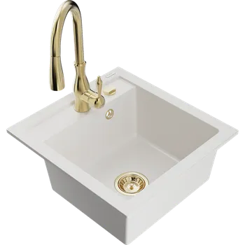 Granitový dřez Mexen Vito granitový dřez 1-komorový s kuchyňskou baterií Savita, bílý - 6503-20-672601-50 Granitové dřezy s baterií