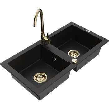 Granitový dřez Mexen Mario dřez granitový 2-komorový s kuchyňskou baterií Telma, černý - 6504-77-670200-50 Granitové dřezy s baterií