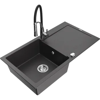 Granitový dřez Mexen Leo granitový dřez 1-komorový s odkapávačem a kuchyňskou baterií Aster, černý žíhaný - 6501-76-73450-07 Granitové dřezy s baterií