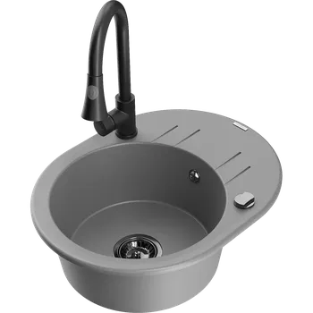 Granitový dřez Mexen Kevin jednokomorový dřez s odkapávačem a kuchyňskou baterií Elia, šedý - 6517-71-670101-70-B Granitové dřezy s baterií