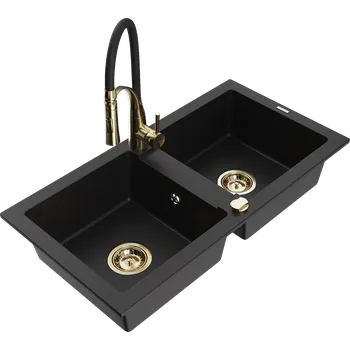 Granitový dřez Mexen Mario 2-komorový žulový dřez s kuchyňskou baterií Aster, černý - 6504-77-73450-57-G Granitové dřezy s baterií