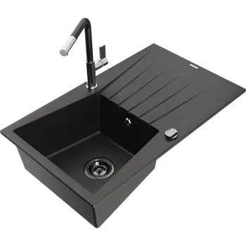 Granitový dřez Mexen Cesar granitový dřez 1-komorový s odkapávačem a kuchyňskou baterií Flora, černý/zlatý metalik - 6514-75-670401-07-B Granitové dřezy s baterií