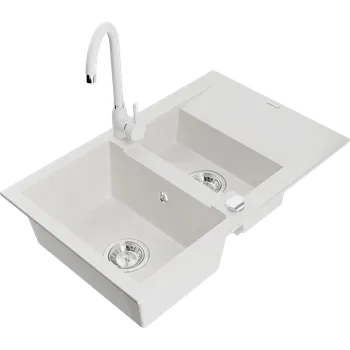 Granitový dřez Mexen Gaspar granitový dřez 1,5-komorový s odkapávačem a kuchyňskou baterií Telma, bílý - 6507-20-670200-20 Granitové dřezy s baterií