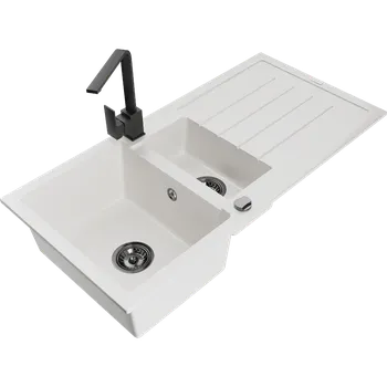 Mexen Andres granitový dřez 1,5-komorový s odkapávačem a kuchyňskou baterií Rita, bílý - 6515-20-670300-70 Granitové dřezy s baterií