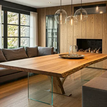 Jídelní stůl Havlíček truhlářství Jídelní dubový stůl s centrální nohou a skleněnými podpěrami s rozměrem 240x120x78cm