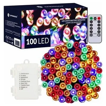 LED světelný řetěz - 10m, 100LED, 8 funkcí, ovladač, 3xAA, IP44, multicolor