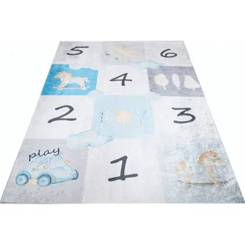 Koberec Makro Abra Dětský kusový koberec vhodný k praní BAMBINO 2680 Čísla Auto Letadlo Koníček pogumovaný krémový modrý Rozměr: 120x170 cm