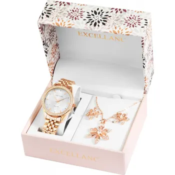 Hodinky Dárková sada Excellanc s dámskými náramkovými hodinkami, náhrdelníkem a náušnicemi barva růžového zlata