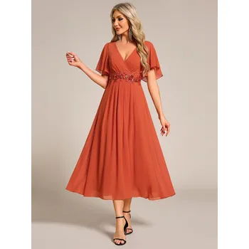 Dámské oblečení Midi svatební šaty pro hosty s krátkými rukávy Barva: Oranžová, Velikost: S
