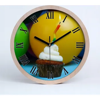 Hodiny Dřevěné nástěnné hodiny narozeninový cupcake průměr 25 cm