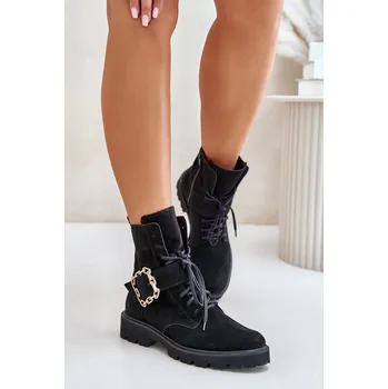 Dámské kozačky Zazoo 2951 Velurové Kozačky S Dekorativní Přezkou Barva: Černá, Velikost: 37