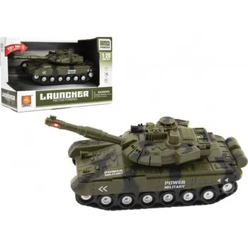 RC model tanku Tank plast 20cm na setrvačník na baterie se světlem se zvukem v krabici 24x16x11cm
