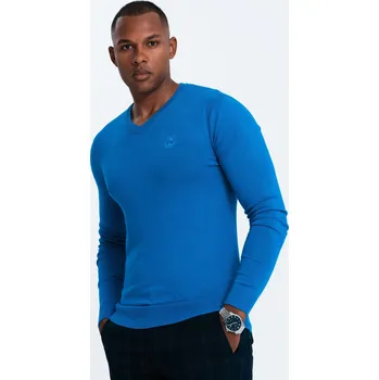 Pánský svetr Elegantní pánský svetr s výstřihem - modrý V19 OM-SWBS-0107 - M