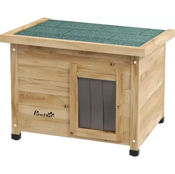 Pelíšek pro kočku PawHut Venkovní domeček pro kočky s asfaltovou střechou 57 x 45 x 43 cm hnědý/zelený