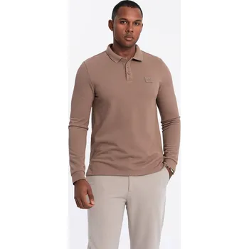 Pánská košile Pánská strukturovaná polokošile s dlouhým rukávem a nášivkou - hnědá V4 OM-POLS-0131 - S