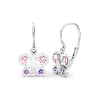 Náušnice SOLUNA PAPILA zlaté dětské náušnice s růžovými a fialovými zirkony bílé zlato