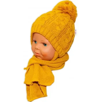 Čepice BABY NELLYS Zimní pletená čepička s šálou Baby Bear - hořčicová s bambulkou
