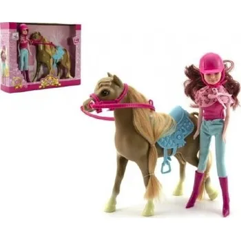 Panenka Kůň česací s doplňky + panenka žokejka 23cm plast v krabici 34x27x7cm
