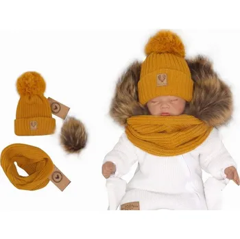 Kojenecká čepice Z&Z Zimní čepice 3v1 + komínek, medová hořčice, vel. 68/80