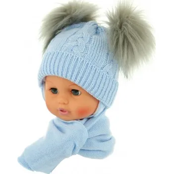 Čepice Zimní čepička s šálou - chlupáčkové bambulky - sv. modrá