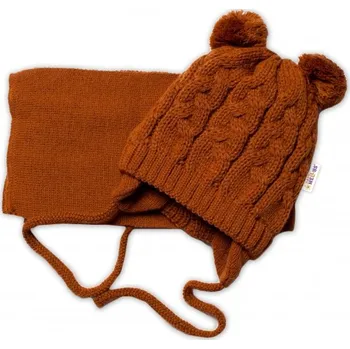 Čepice Zimní pletená kojenecká čepička s šálou TEDDY - hnědá s bambulkami, vel. 62/68