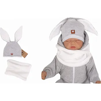 Kojenecká čepice Z&Z Kojenecká bavlněná čepička Zajíček s nákrčníkem, šedá/bílá