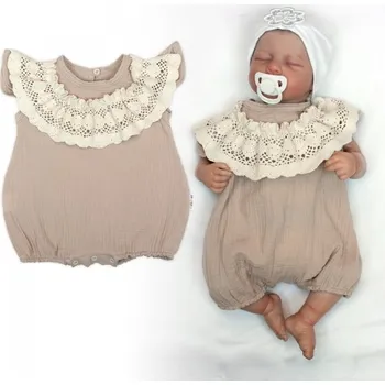 Body s nohavičkami, mušelín s krajkou BOHO - béžové