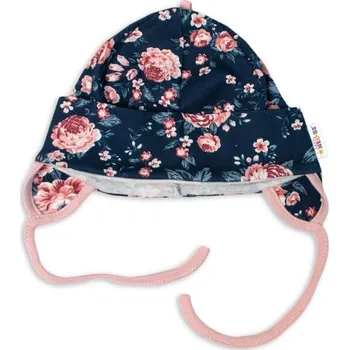 Kojenecká čepice Bavlněná čepička s oušky na zavazování- Růžičky, pudrová/granátová, vel. 74/80