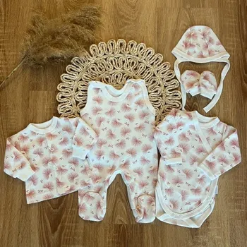 Kojenecká souprava Novorozenecká sada do porodnice, Mamatti, smetanová/růžová - Pampeliška, vel. 62