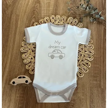 Kojenecké body, kr. rukáv Mamatti, zap. u krku, Dream Car - bílé/šedý lem, vel. 74