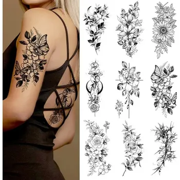 Tetování Tetovací nálepky černobílé voděodolné květiny | dočasné tetování | falešné tetování 15 ks