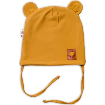 Pokrývka hlavy Bavlněná dvouvrstvá čepice s oušky na zavazování TEDDY - hořčicová, Baby Nellys