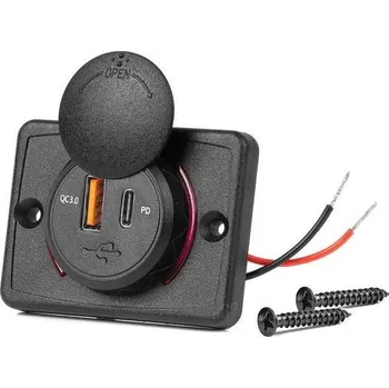 Napájecí zdířka vodotěsná čtvercová USB plus USB-C QC3.0 12V 24V AMIO
