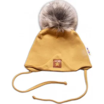 Čepice Zimní,podzimní bavlněná dvouvrstvá čepice s bambulí na zavazování Star, hořčicová