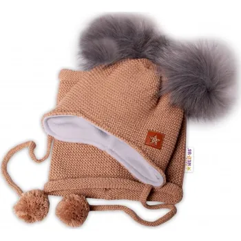 Čepice Zimní čepice s fleecem a chlupáčkové bambulky Star + komínek - medová, 98/104, BABY NELLYS