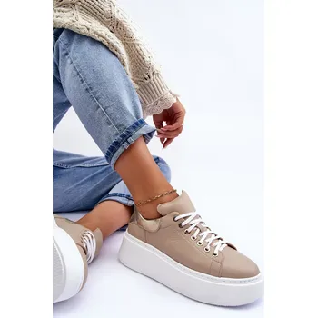 Dámské tenisky Dámské sportovní kožené boty na platformě Lemar 10150 Barva: Béžová, Velikost: 37