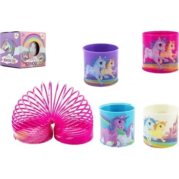 Hlavolam Teddies Spirála pružina jednorožec plast průměr 6 5cm 4 barvy v krabičce 7x7x7cm