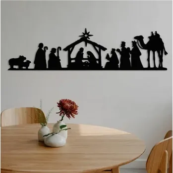 Vánoční dekorace Betlém pro děti - Dřevěná dekorace na zeď - 50x13 cm