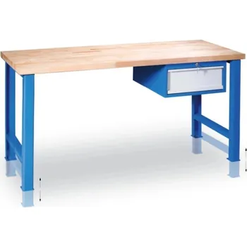 Dílenský stůl Výškově nastavitelný pracovní stůl GD se závěsným boxem na nářadí, buková spárovka, 1 zásuvka, 1500 x 800 x 850 - 1050 mm, modrá