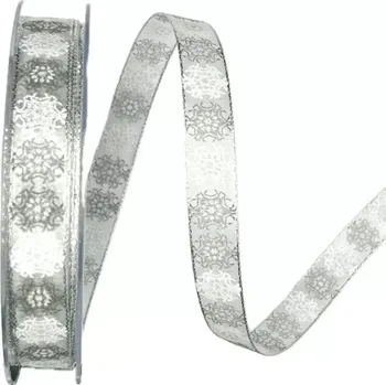 Stuha Vánoční stuha SNOW DIAMOND bílá 15mm x 20m (6,-Kč/m) (Vánoční stuha organzová, průsvitná, bílá, stříbrné okraje, s vlascem v lemu)