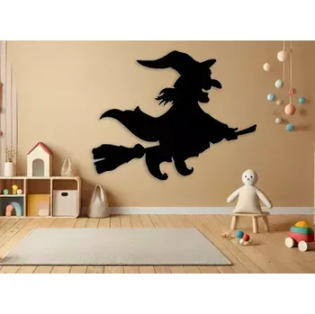 Čarodějnice dekorace na zeď - Dřevěná Halloweenská dekorace - 38x30 cm