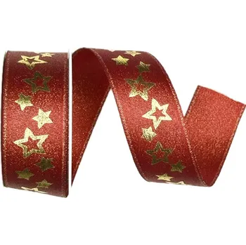 Stuha Stuha vánoční saténová GLAMOUR STARS RED červená 25mm x 2m (12,-Kč/m) (Vánoční červená stuha, oboustranný satén s perleťovým efektem, jednostranný potisk )