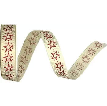 Stuha Vánoční stuha HVĚZDY ČERVENÉ 15mm x 3,5m (3,40Kč/m) (Vánoční stužka bavlněná, krémová, jednostranný potisk červené hvězdy)