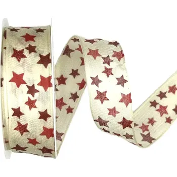 Stuha Vánoční stuha bavlněná ČERVENÉ HVĚZDY bílá 25mm x 2m ( 11,- Kč/m) (Vánoční stuha bavlněná, krémová, potisk červené hvězdy s glitrovým efektem a drátkem v lemu)