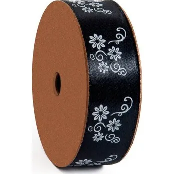 Stuha Saténová stuha s květy 2,5 cm Černá